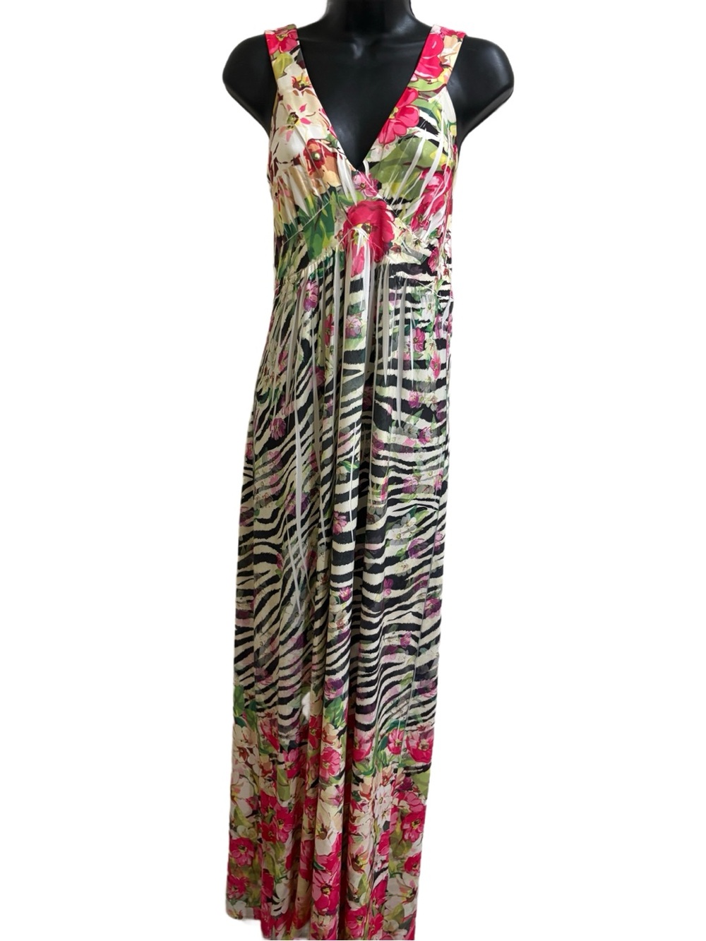Sleeveless Floral & Zebra Print Maxi Dress in Pink and Green